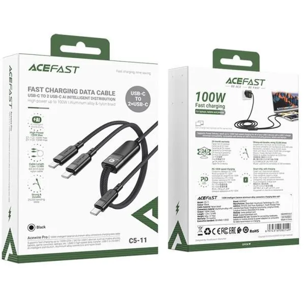 Дата кабель Acefast C5-11 USB-C to 2xUSB-C 100W (1.2m) — Черный — фото 2 Дата кабель Acefast C5-11 USB-C to 2xUSB-C 100W (1.2m) — Черный — фото 2