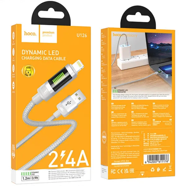Дата кабель Hoco U126 Lantern 2.4A USB to Lightning (1.2m) — Серый — фото 5