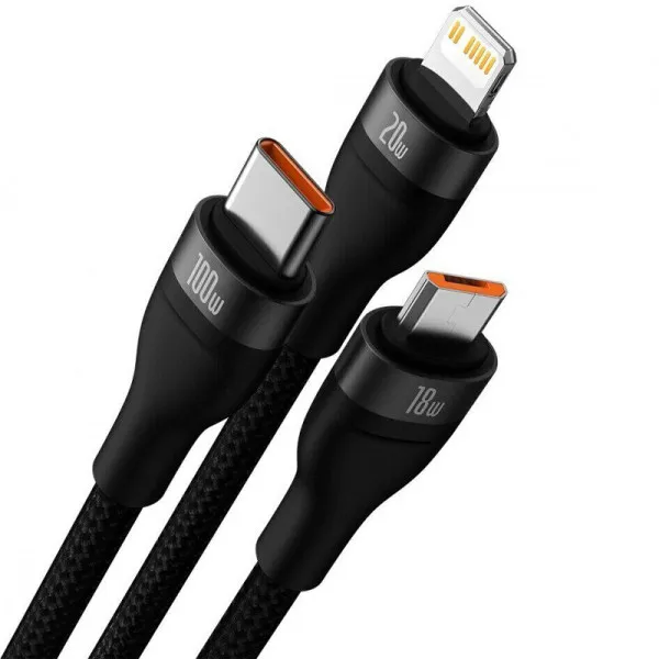 Дата кабель Baseus Flash Series 2 USB to Lightning/Type-C/MicroUSB 100W (1.2m) (CASS03000) — Черный — фото 2 Дата кабель Baseus Flash Series 2 USB to Lightning/Type-C/MicroUSB 100W (1.2m) (CASS03000) — Черный — фото 2