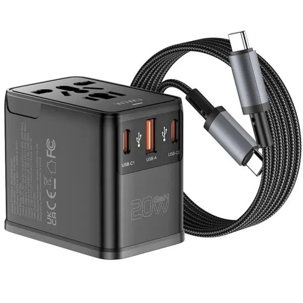 Сетевой универсальный переходник WIWU UA013 20W GaN + 1USB-A/2C with retractable cable Type-C — Черный — фото 3 Сетевой универсальный переходник WIWU UA013 20W GaN + 1USB-A/2C with retractable cable Type-C — Черный — фото 3
