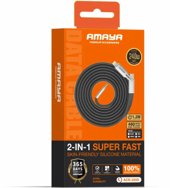 Дата кабель Amaya ACD-325X 2in1 Type-C to Lightning/Type-C 240W (1.2m) — Чорний — фото 2 Дата кабель Amaya ACD-325X 2in1 Type-C to Lightning/Type-C 240W (1.2m) — Чорний — фото 2