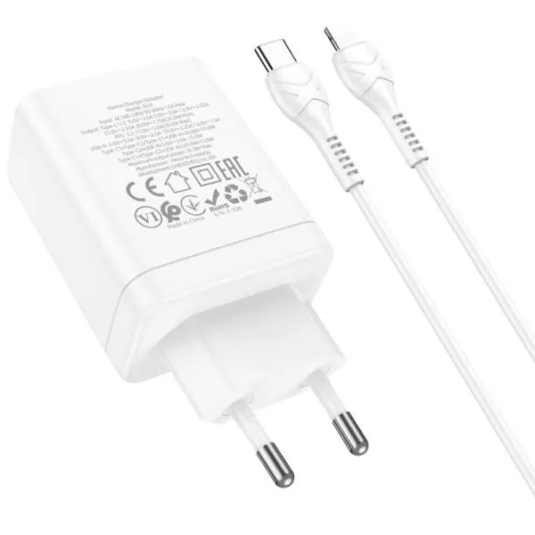 СЗУ Hoco N33 Start PD35W+QC3.0 (1USB-A/2C) + кабель Type-C to Lightning — Белый — фото 5