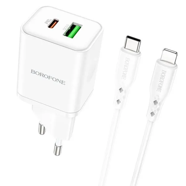 СЗУ Borofone BN7 PD20W+QC3.0 (1USB-A/1C) + кабель Type-C to Lightning — Белый — фото 1