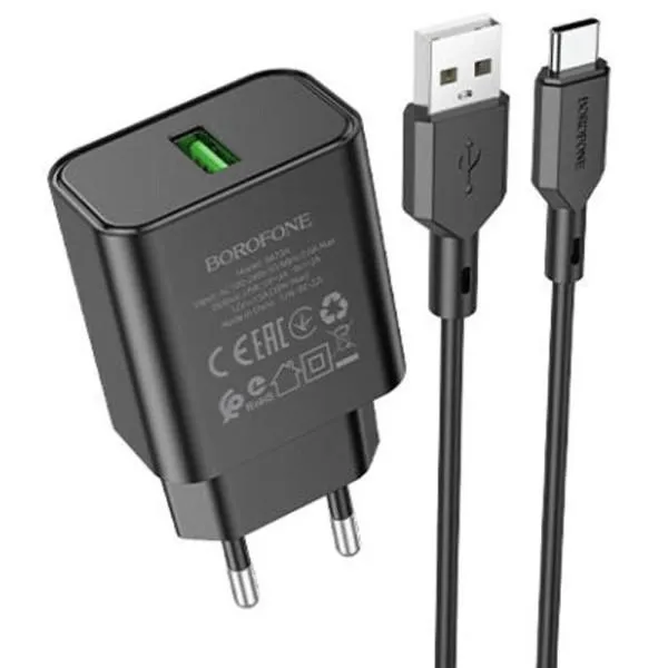 СЗУ Borofone BA72A Spring QC3.0 (1USB-A) + кабель USB to Type-C — Черный — фото 1 СЗУ Borofone BA72A Spring QC3.0 (1USB-A) + кабель USB to Type-C — Черный — фото 1