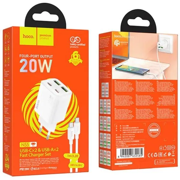 СЗУ Hoco N55 Fundador PD20W+QC3.0 (2USB-A/2C) + кабель Type-C to Type-C — Белый — фото 4