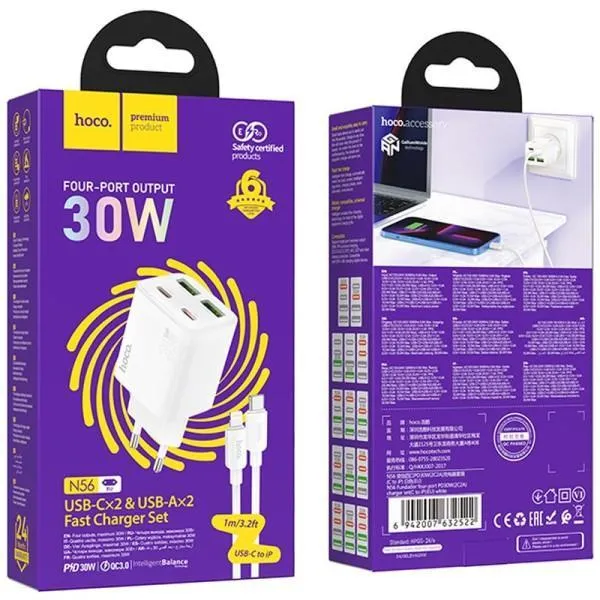 СЗУ Hoco N56 Fundador PD30W+QC3.0 (2USB-A/2C) + кабель Type-C to Lightning — Белый — фото 4 СЗУ Hoco N56 Fundador PD30W+QC3.0 (2USB-A/2C) + кабель Type-C to Lightning — Белый — фото 4