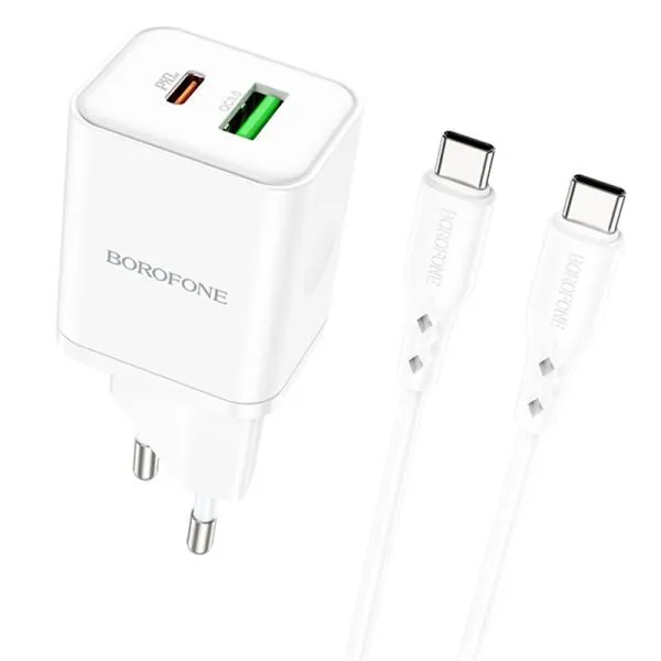 СЗУ Borofone BN7 PD20W+QC3.0 (1USB-A/1C) + кабель Type-C to Type-C — Белый — фото 1