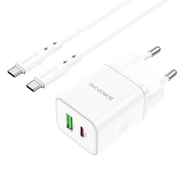 СЗУ Borofone BN7 PD20W+QC3.0 (1USB-A/1C) + кабель Type-C to Type-C — Белый — фото 2