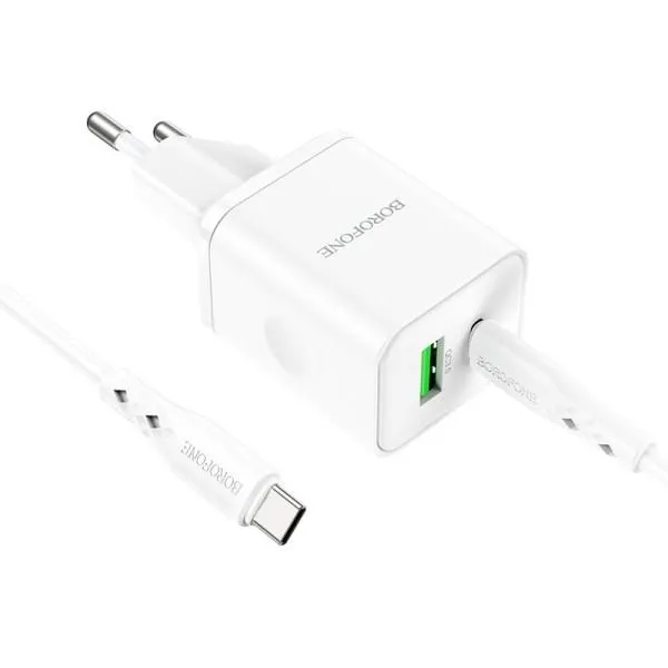 СЗУ Borofone BN7 PD20W+QC3.0 (1USB-A/1C) + кабель Type-C to Type-C — Белый — фото 3