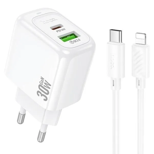 МЗП Hoco CS55A Surplus PD30W+QC3.0 (1USB-A/1C) + кабель Type-C to Lightning — Білий — фото 1 МЗП Hoco CS55A Surplus PD30W+QC3.0 (1USB-A/1C) + кабель Type-C to Lightning — Білий — фото 1