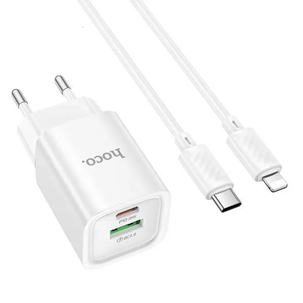 МЗП Hoco C149A Charm PD30W+QC3.0 (1USB-A/1C) + кабель Type-C to Lightning — Білий — фото 2