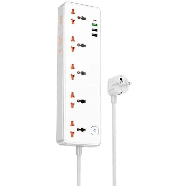Удлинитель Hoco AC14A Rico PD30W (3USB-A/1C/5xSocket) (1.5m) — Белый — фото 1