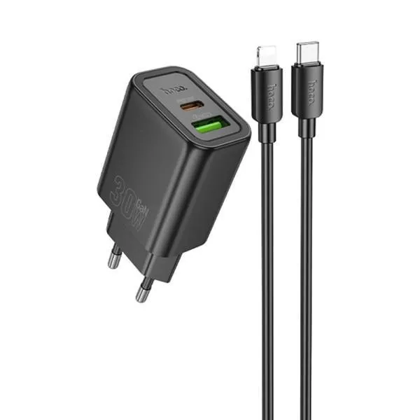 МЗП Hoco N63 Gentle PD30W+QC3.0 (1USB-A/1C) + кабель Type-C to Lightning — Чорний — фото 5