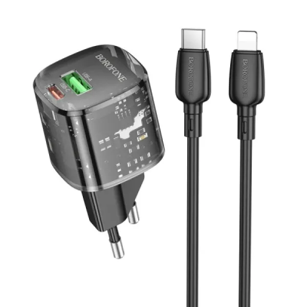СЗУ Borofone BN17 Sunlight PD20W+QC3.0 (1USB-A/1C) + кабель Type-C to Lightning — Черный — фото 1