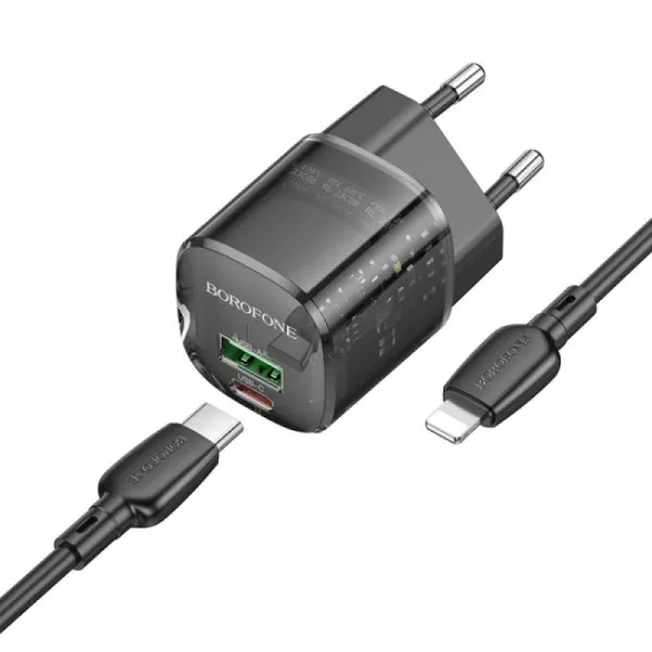 СЗУ Borofone BN17 Sunlight PD20W+QC3.0 (1USB-A/1C) + кабель Type-C to Lightning — Черный — фото 3
