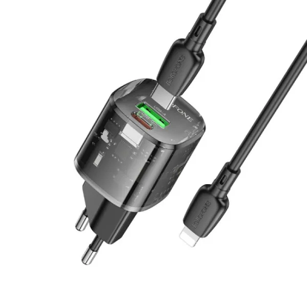 СЗУ Borofone BN17 Sunlight PD20W+QC3.0 (1USB-A/1C) + кабель Type-C to Lightning — Черный — фото 4
