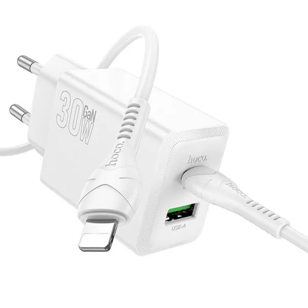 СЗУ Hoco N71 Nuevo PD30W+QC3.0 (1USB-A/1C) + кабель Type-C to Lightning — Белый — фото 2 СЗУ Hoco N71 Nuevo PD30W+QC3.0 (1USB-A/1C) + кабель Type-C to Lightning — Белый — фото 2