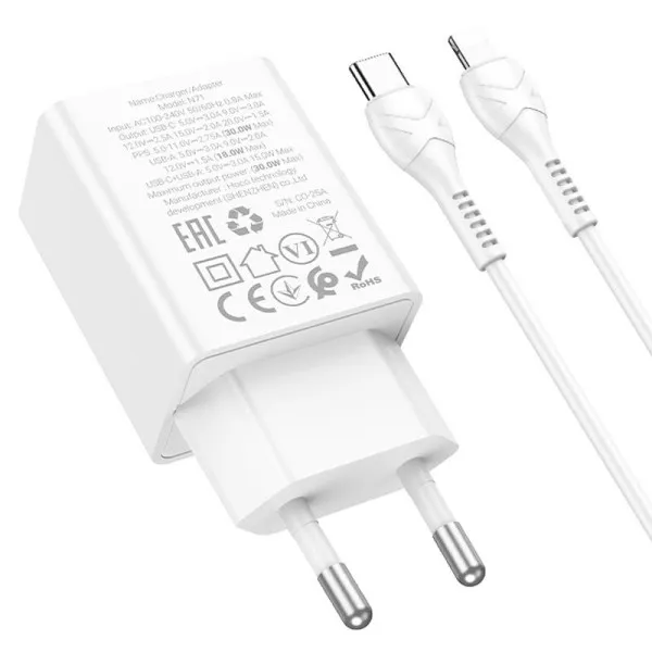 СЗУ Hoco N71 Nuevo PD30W+QC3.0 (1USB-A/1C) + кабель Type-C to Lightning — Белый — фото 3 СЗУ Hoco N71 Nuevo PD30W+QC3.0 (1USB-A/1C) + кабель Type-C to Lightning — Белый — фото 3
