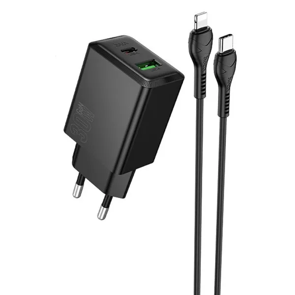 СЗУ Hoco N71 Nuevo PD30W+QC3.0 (1USB-A/1C) + кабель Type-C to Lightning — Черный — фото 4