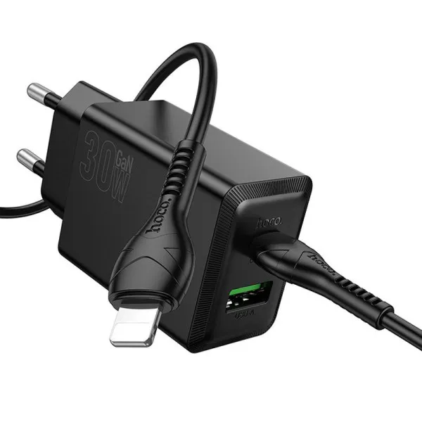СЗУ Hoco N71 Nuevo PD30W+QC3.0 (1USB-A/1C) + кабель Type-C to Lightning — Черный — фото 1