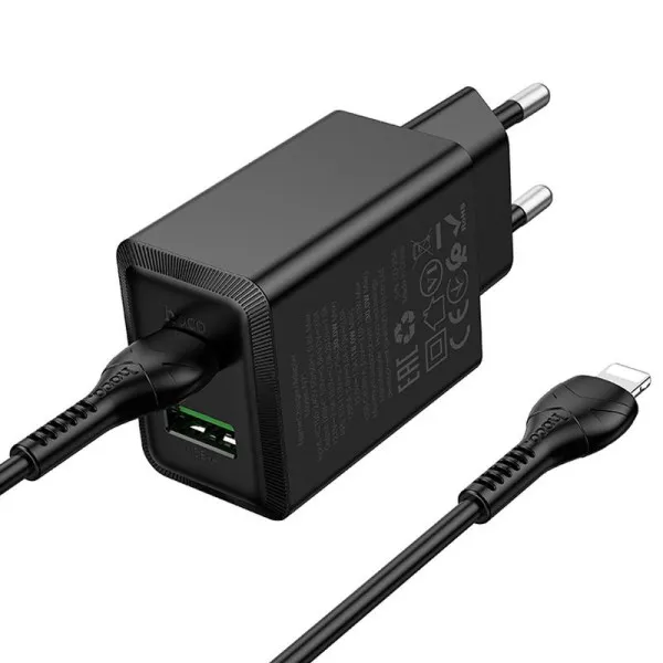 СЗУ Hoco N71 Nuevo PD30W+QC3.0 (1USB-A/1C) + кабель Type-C to Lightning — Черный — фото 2
