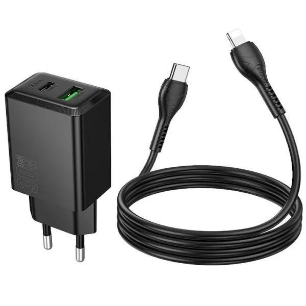 СЗУ Hoco N71 Nuevo PD30W+QC3.0 (1USB-A/1C) + кабель Type-C to Lightning — Черный — фото 3