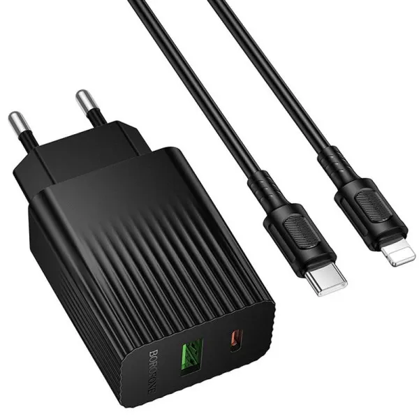 СЗУ Borofone BAS76A Source PD30W+QC3.0 (1USB-A/1C) + кабель Type-C to Lightning — Черный — фото 3 СЗУ Borofone BAS76A Source PD30W+QC3.0 (1USB-A/1C) + кабель Type-C to Lightning — Черный — фото 3