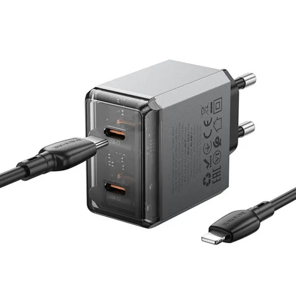 СЗУ Borofone BN21 Lena PD40W+QC3.0 (2USB-C) + кабель Type-C to Lightning — Серый — фото 4