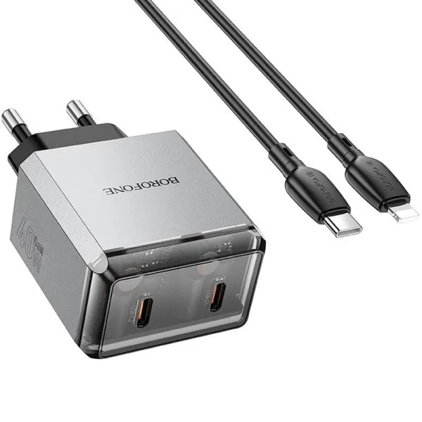 СЗУ Borofone BN21 Lena PD40W+QC3.0 (2USB-C) + кабель Type-C to Lightning — Серый — фото 5