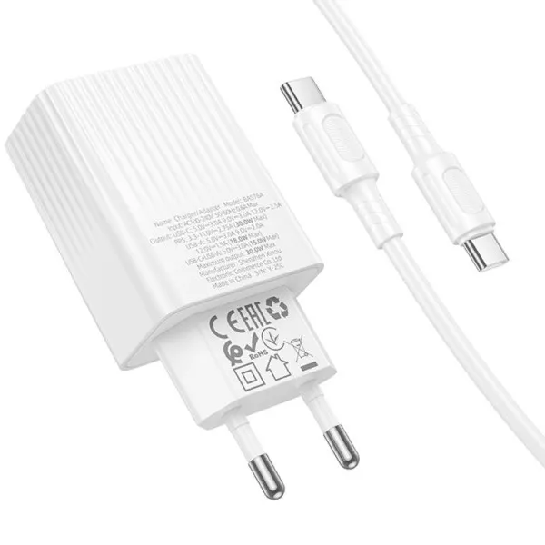 СЗУ Borofone BAS76A Source PD30W+QC3.0 (1USB-A/1C) + кабель Type-C to Type-C — Белый — фото 5