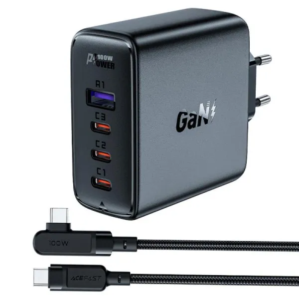 МЗП Acefast A37 PD100W+QC3.0 GaN (1USB-A/3C) + кабель Type-C to Type-C 2m — Чорний — фото 1
