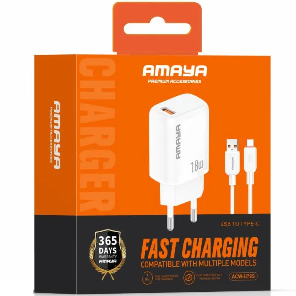 СЗУ Amaya U79S QC3.0 18W (1USB-A) + кабель USB to Type-C — Белый — фото 2