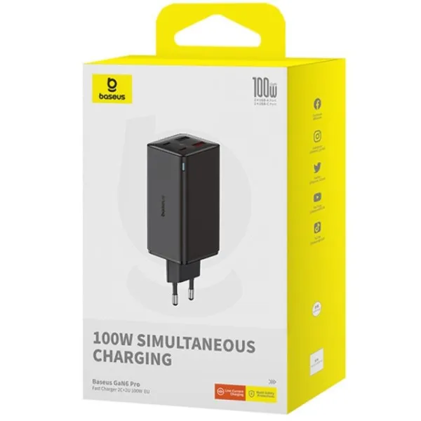 СЗУ Baseus GaN6 Pro Fast Charger PD100W+QC3.0 (2USB-A/2C) (P101627) — Черный — фото 4