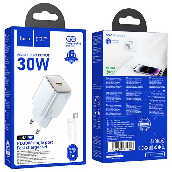 СЗУ Hoco N47 Glorious PD30W (1USB-C) + кабель Type-C to Lightning — Blue — фото 5