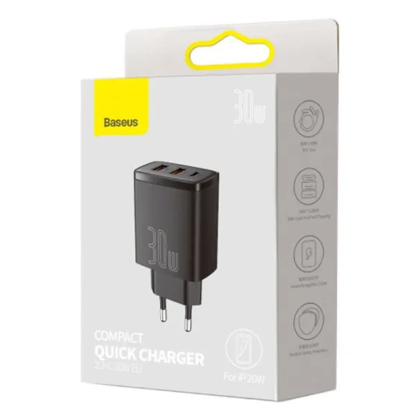 СЗУ Baseus Compact Quick Charger PD30W+QC3.0 (2USB-A/1C) (CCXJ-E) — Черный — фото 2