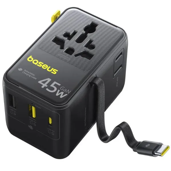 Сетевой универсальный переходник Baseus AG11 45W with retractable cable (2USB-A/1C/1Socket) (E0307F) — Черный — фото 3 Сетевой универсальный переходник Baseus AG11 45W with retractable cable (2USB-A/1C/1Socket) (E0307F) — Черный — фото 3