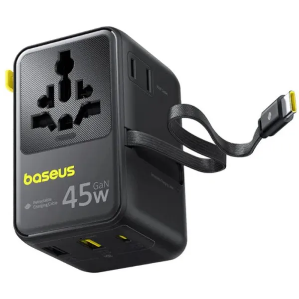 Сетевой универсальный переходник Baseus AG11 45W with retractable cable (2USB-A/1C/1Socket) (E0307F) — Черный — фото 4 Сетевой универсальный переходник Baseus AG11 45W with retractable cable (2USB-A/1C/1Socket) (E0307F) — Черный — фото 4
