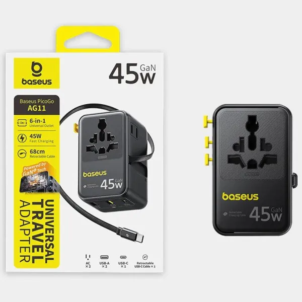 Сетевой универсальный переходник Baseus AG11 45W with retractable cable (2USB-A/1C/1Socket) (E0307F) — Черный — фото 5 Сетевой универсальный переходник Baseus AG11 45W with retractable cable (2USB-A/1C/1Socket) (E0307F) — Черный — фото 5