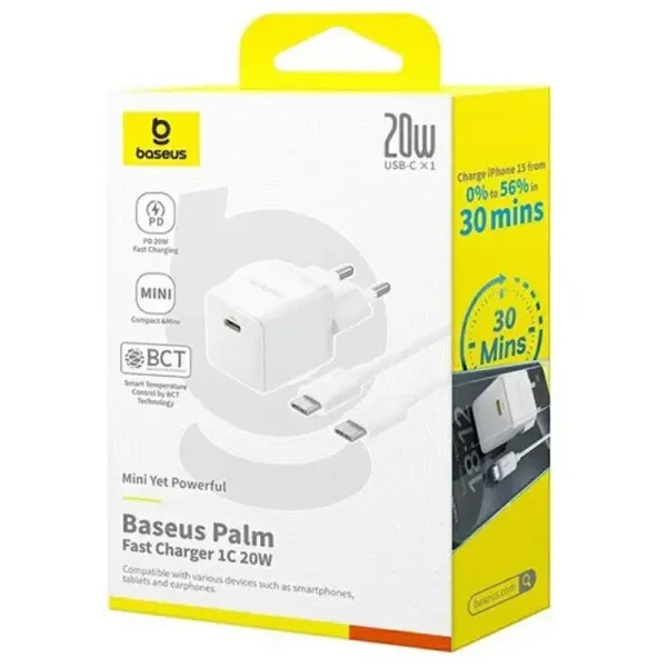 СЗУ Baseus Palm Fast Charger PD20W (1USB-C) + кабель Type-C to Type-C (P10111602) — Белый — фото 3