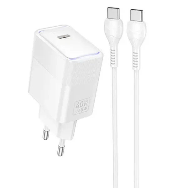 СЗУ Hoco CS113A Lounge PD40W (1USB-C) + кабель Type-C to Type-C — Белый