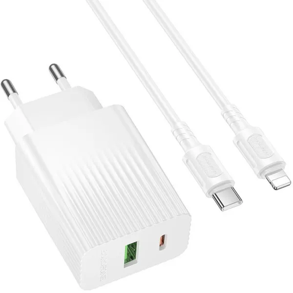 СЗУ Borofone BAS76A Source PD30W+QC3.0 (1USB-A/1C) + кабель Type-C to Lightning — Белый — фото 3