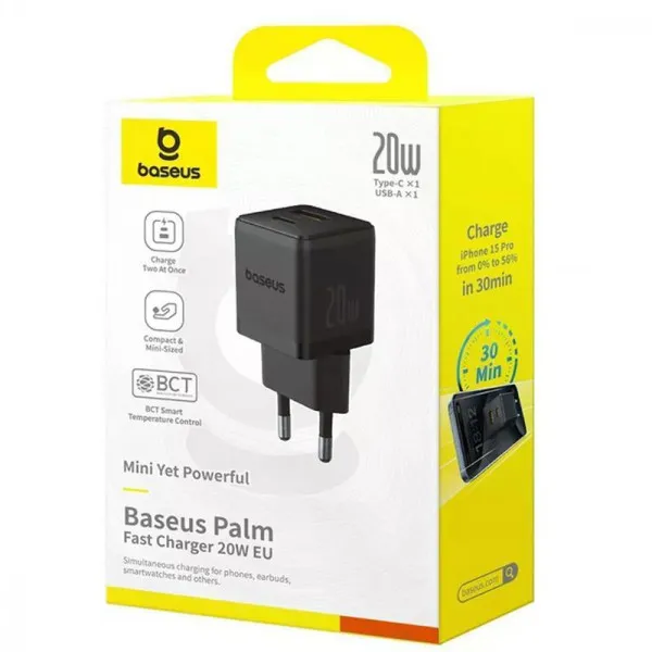 СЗУ Baseus Palm Fast Charger PD20W+QC3.0 (1USB-A/1C) (P10111608) — Черный — фото 2