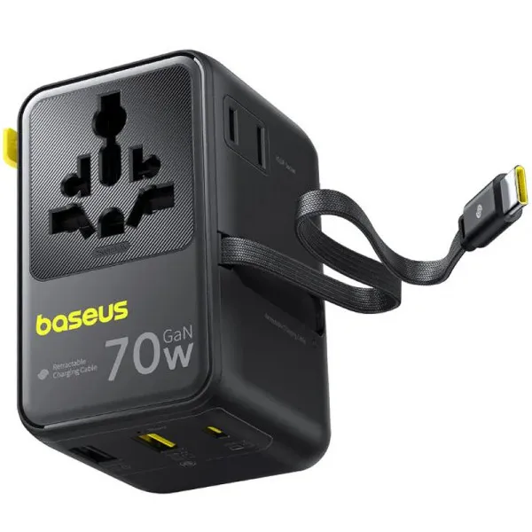 Сетевой универсальный переходник Baseus CG11 70W with retractable cable (2USB-A/3C/1Socket) (E0307E) — Черный — фото 3 Сетевой универсальный переходник Baseus CG11 70W with retractable cable (2USB-A/3C/1Socket) (E0307E) — Черный — фото 3