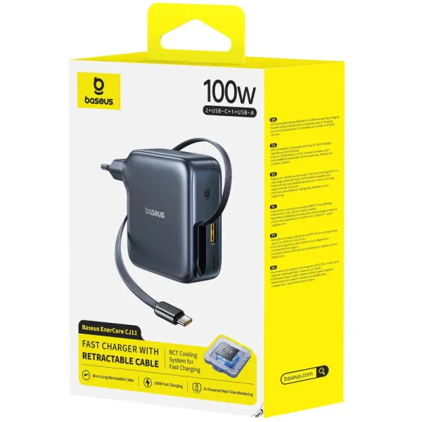 СЗУ Baseus EnerCore CJ11 PD100W+QC3.0 with retractable cable (1USB-A/2C) (E0120M) — Черный — фото 2 СЗУ Baseus EnerCore CJ11 PD100W+QC3.0 with retractable cable (1USB-A/2C) (E0120M) — Черный — фото 2