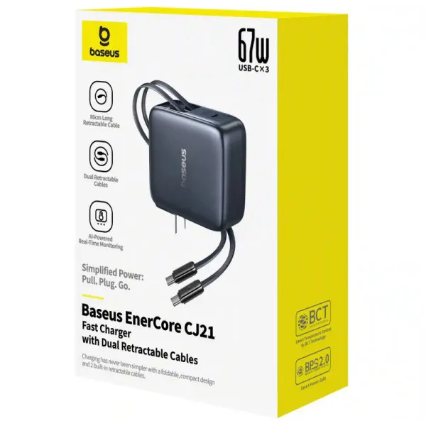 СЗУ Baseus EnerCore CJ21 PD67W with retractable cables (3USB-C) (E0121D) — Черный — фото 4 СЗУ Baseus EnerCore CJ21 PD67W with retractable cables (3USB-C) (E0121D) — Черный — фото 4