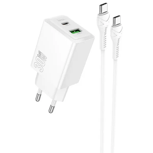 СЗУ Hoco N71 Nuevo PD30W+QC3.0 (1USB-A/1C) + кабель Type-C to Type-C — Белый — фото 1