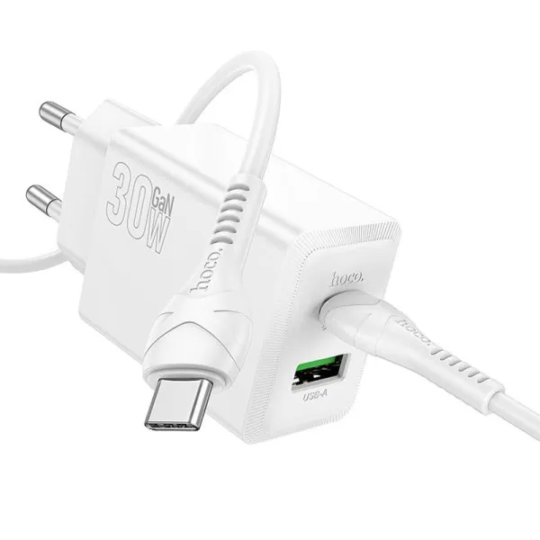 СЗУ Hoco N71 Nuevo PD30W+QC3.0 (1USB-A/1C) + кабель Type-C to Type-C — Белый — фото 2
