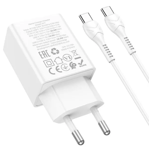 СЗУ Hoco N71 Nuevo PD30W+QC3.0 (1USB-A/1C) + кабель Type-C to Type-C — Белый — фото 3