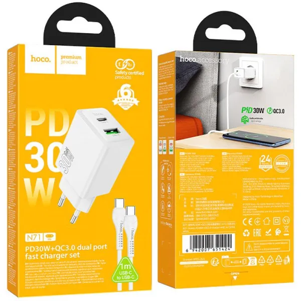 СЗУ Hoco N71 Nuevo PD30W+QC3.0 (1USB-A/1C) + кабель Type-C to Type-C — Белый — фото 4