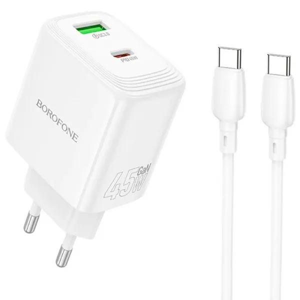 СЗУ Borofone BAS93A Cloud PD30W+QC3.0 (1USB-A/1C) + кабель Type-C to Type-C — Белый — фото 1 СЗУ Borofone BAS93A Cloud PD30W+QC3.0 (1USB-A/1C) + кабель Type-C to Type-C — Белый — фото 1